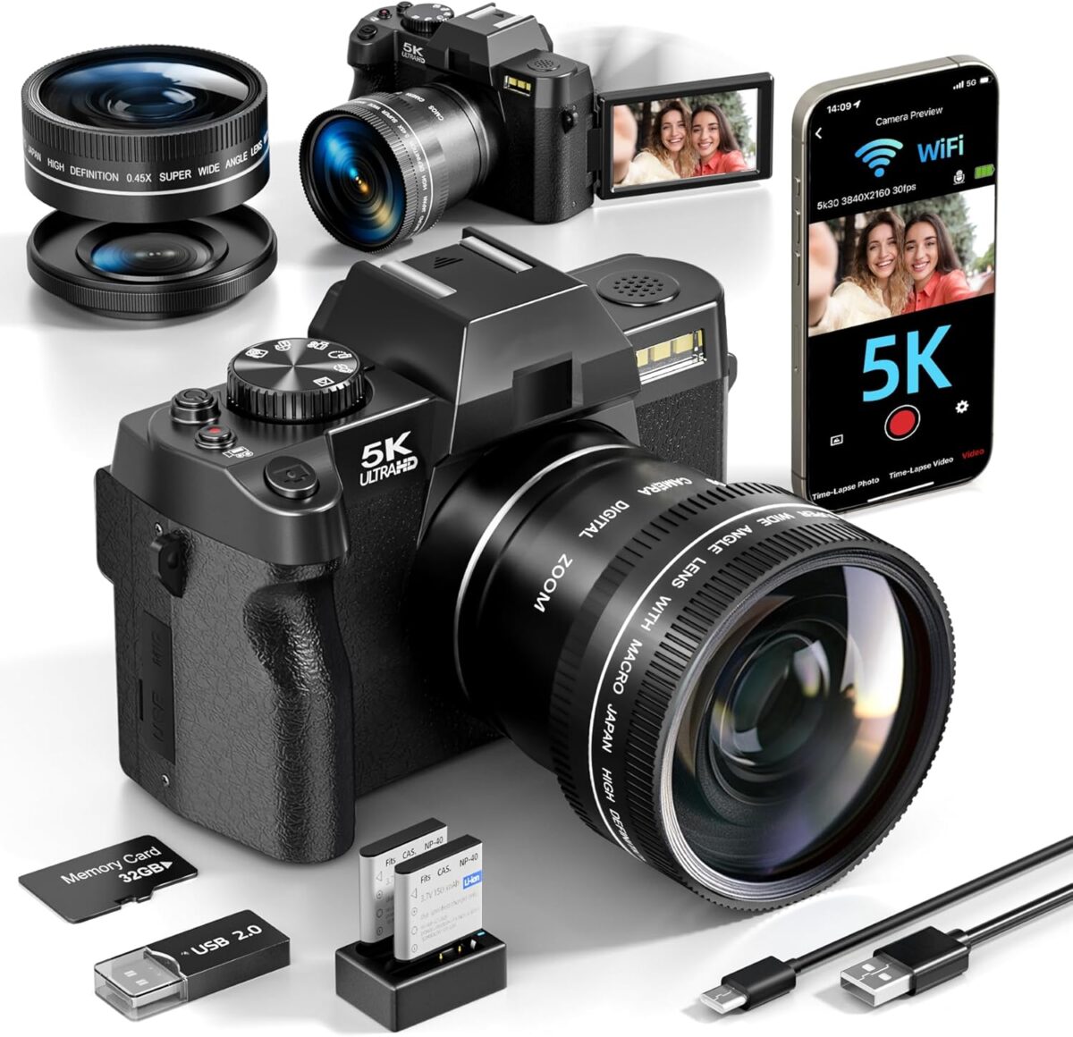 5K Digital Cameras for Photography，48MP/60FPS Video Camera for Vlogging, WiFi & App Control Vlogging for YouTube, Small Camera with 32GB TF Card.Wide-Angle & Macro Lens