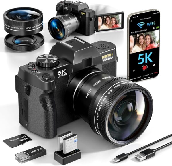 5K Digital Cameras for Photography，48MP/60FPS Video Camera for Vlogging, WiFi & App Control Vlogging for YouTube, Small Camera with 32GB TF Card.Wide-Angle & Macro Lens