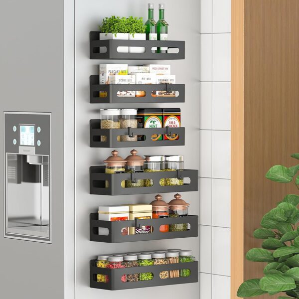 6 Pack Magnetic Spice Rack for Refrigerator, Spice Rack Organizer, Moveable Magnetic Shelf Fridge Organizer with 4 Hooks for Kitchen and Oven Organization, Black