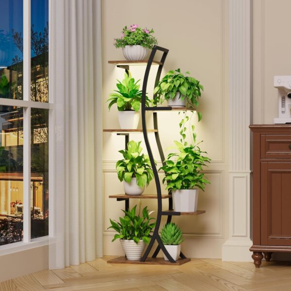 6 Tiered Plant Stand with Grow Light Indoor, 44.5″ Corner Plant Shelf for Indoor Plants Multiple, Curved Design Flower Stand Display Holder Rack for Living Room, Patio, Balcony Decor