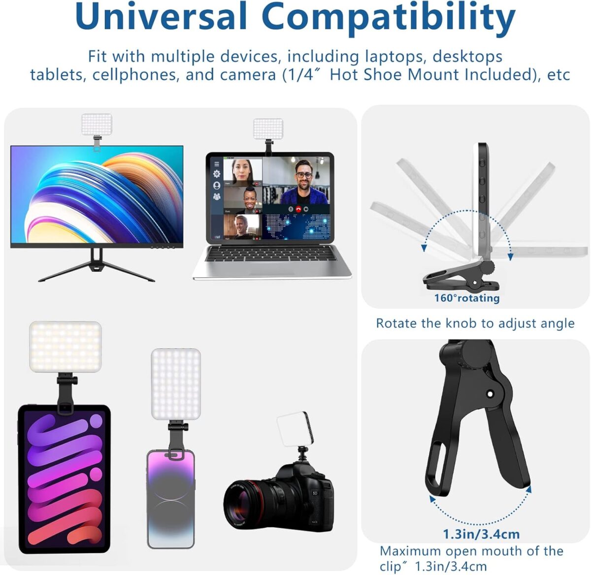 60 LED Portable Selfie Light Video Conference Lighting with Clip Camera Tripod Adapter Rechargeable 2200mAh CRI 97 3 Light Modes for Phone iPhone Webcam Laptop Photo Makeup 60 LED Portable Selfie Light Video Conference Lighting with Clip & Camera Tripod Adapter Rechargeable 2200mAh CRI 97+, 3 Light Modes for Phone iPhone Webcam Laptop Photo Makeup