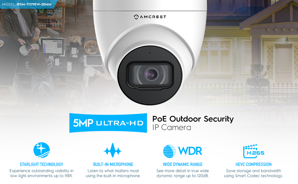 5MP Ultra HD POE Indoor/Outdoor Security IP Camera, H.265 Compression WDR, Built-in Mic