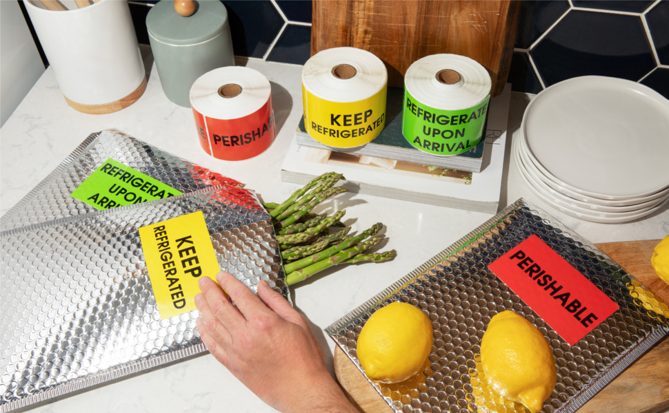 Package stickers for shipping food: keep refrigerated, refrigerate upon arrival, perishable