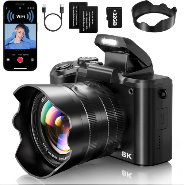 8K Digital Cameras for Photography – Autofocus 88MP WiFi Vlogging Camera for YouTube with Dual-Lens – 16X Digital Zoom Vlog Camera with Lens Hood, Flash, Touch Screen, 2 Batteries, 32GB TF Card