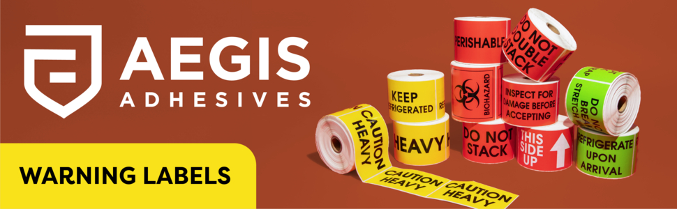 Aegis Adhesives warning labels showing various uses like biohazard, heavy, and do not stack