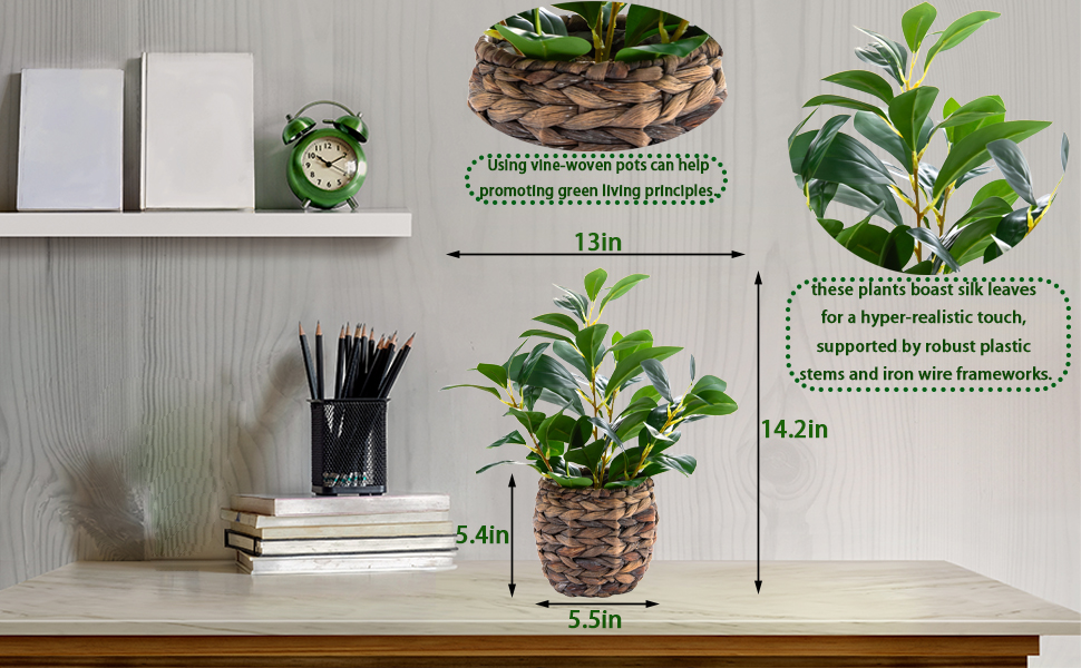 Artificial Vibrant Plants  with Ficus Leaves in Brown Rattan Planter for Indoor Home Office