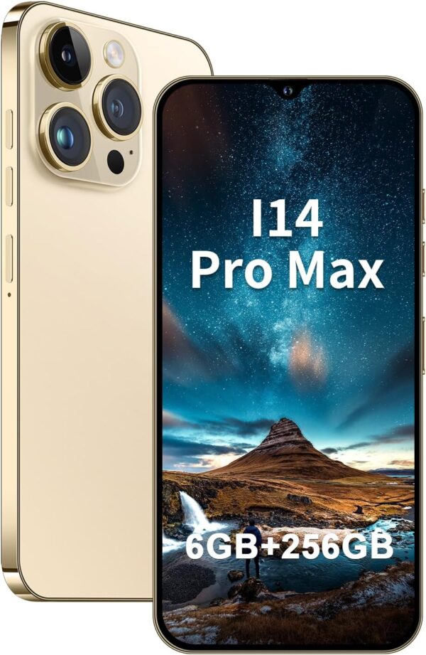 A14ProMax Unlocked Android Smartphone 6GB+256GB, 6.8″ HD+ Display, 50MP+24MP Dual Camera, 6800mAh Battery, 5G Dual SIM, 128GB Expandable (Gold)
