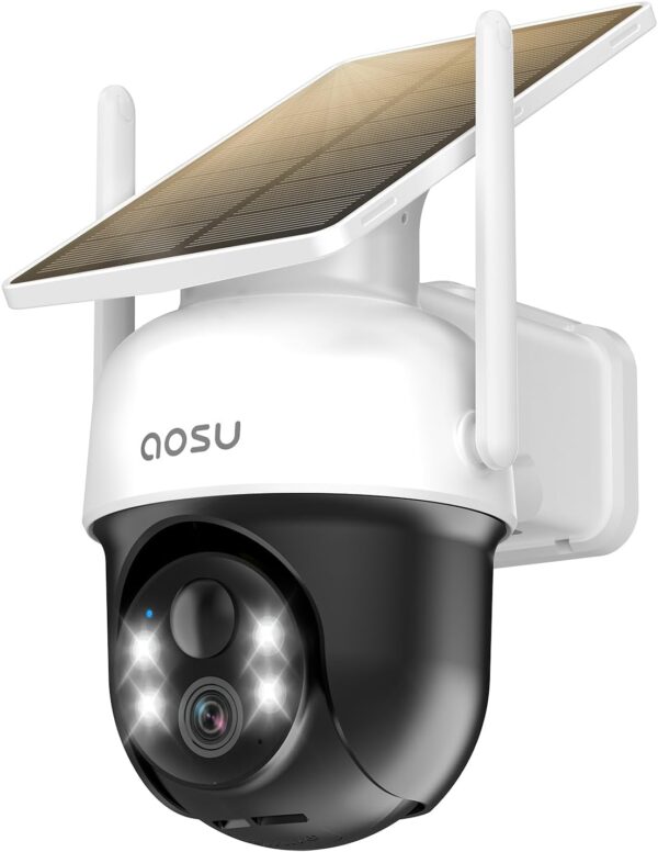 AOSU Solar Camera Security Outdoor – 100% Wire-Free Security Cameras Wireless Outdoor for Home Surveillance with Fixed Solar Panel, 360° Panoramic View, Human Auto Tracking, 2K Color Night Vision
