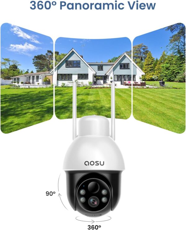 AOSU Solar Camera Security Outdoor – Security Cameras Wireless Outdoor with 360° Panoramic View, Human Auto Tracking, 2K Night Vision, Compatible with Alexa/Google Assistant (2 Pack)