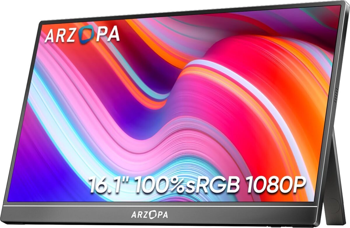 ARZOPA 16.1″ Portable Monitor, 100% sRGB FHD 1080P Kickstand Portable Laptop Monitor High Color Gamut Display IPS Eye Care Screen for High-end Office & Entertainment -Z1C