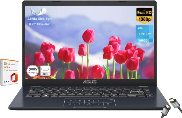 ASUS Vivobook go 14″ FHD Laptop, Intel Pentium N6000 (Up to 3.30GHz), 1920×1080 Display, 4GB Memory, 64GB eMMC, 1-Year of Microsoft 365, NumberPad, Webcam, HDMI, Wi-Fi, Win11H in S Mode, E410KA