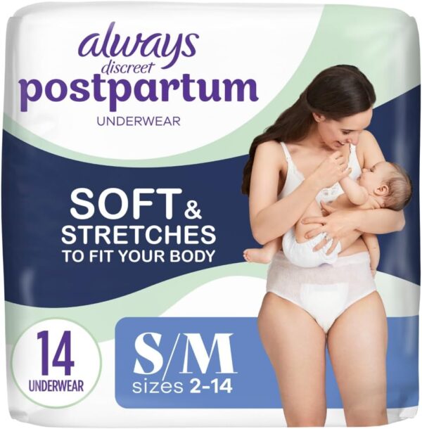 Always Discreet Postpartum and Adult Incontinence Underwear for Women, Size S/M, Maximum Protection, 14 CT