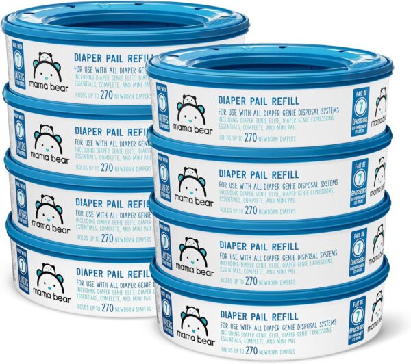 Amazon Brand – Mama Bear Diaper Pail Refills for Genie Pails, Unscented, 2160 Count (8 Packs of 270)