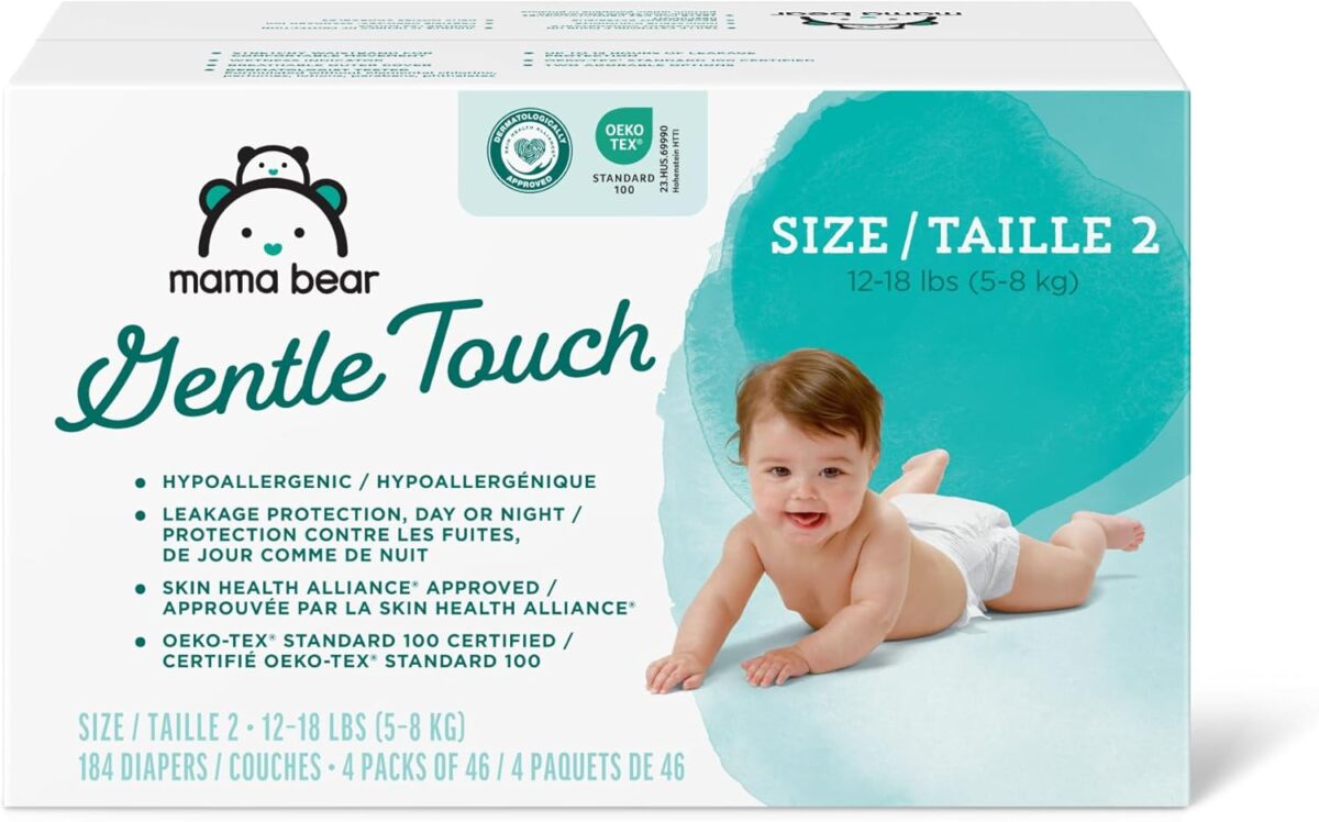 Amazon Brand – Mama Bear Gentle Touch Diapers, Hypoallergenic, Size 2, 184 Count (4 packs of 46), White
