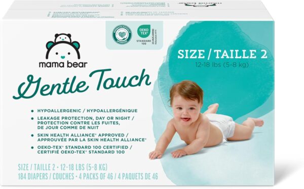 Amazon Brand – Mama Bear Gentle Touch Diapers, Hypoallergenic, Size 2, 184 Count (4 packs of 46), White