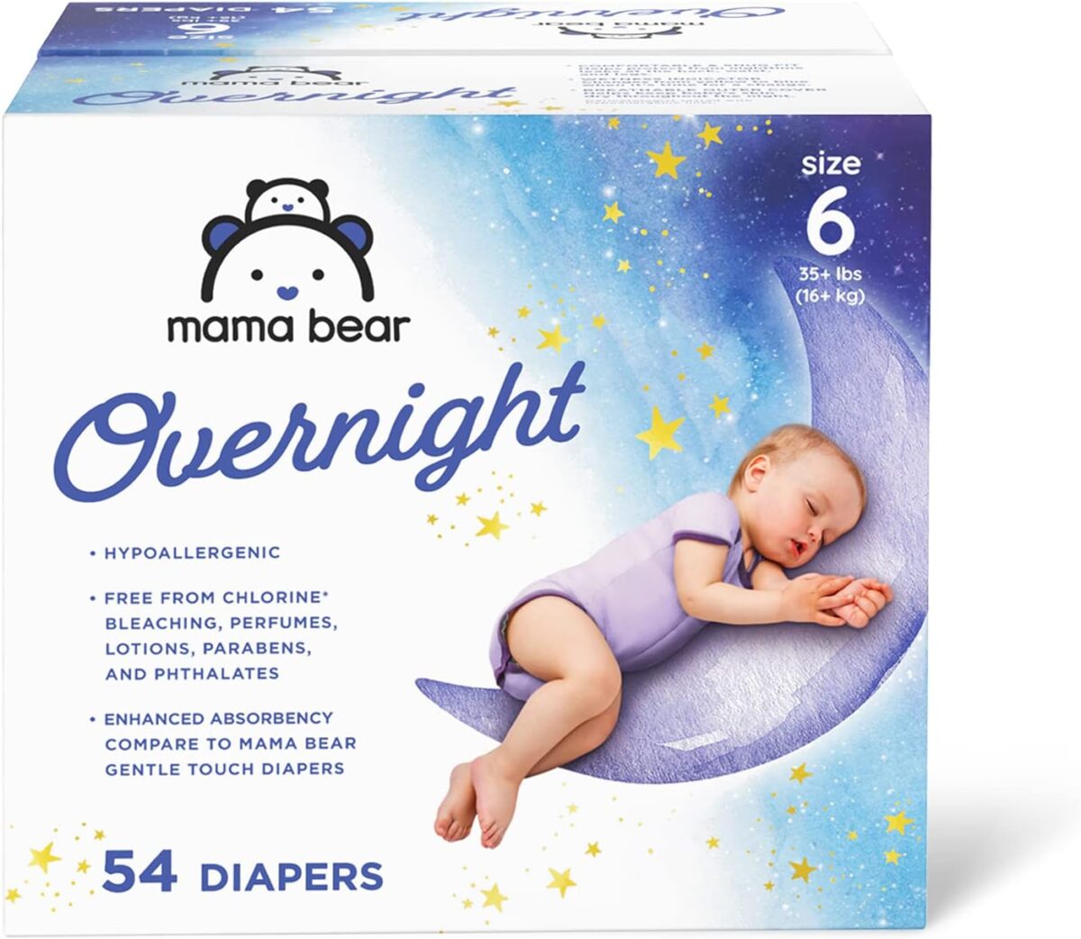 Amazon Brand – Mama Bear Overnight Disposable Baby Diapers, Hypoallergenic, Size 6 (54 count), Night Time Protection, White