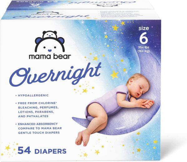 Amazon Brand – Mama Bear Overnight Disposable Baby Diapers, Hypoallergenic, Size 6 (54 count), Night Time Protection, White