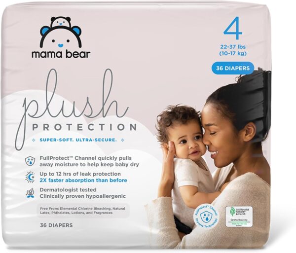 Amazon Brand – Mama Bear Plush Protection Diapers – Size 4, 36 Count, Hypoallergenic Premium Disposable Baby Diapers, White and Cloud Dreams