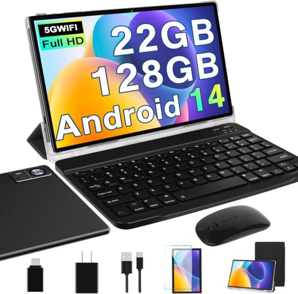 Android 14 Tablet 10.1 inch 22GB RAM 128GB ROM 1TB Expand, 8000mAh Tablets with Keyboard Mouse, Octa-Core, HD Touchscreen, 5G Wi-Fi, BT 5.0, GPS, Widevine L1, Split Screen, Face Unlock – Black