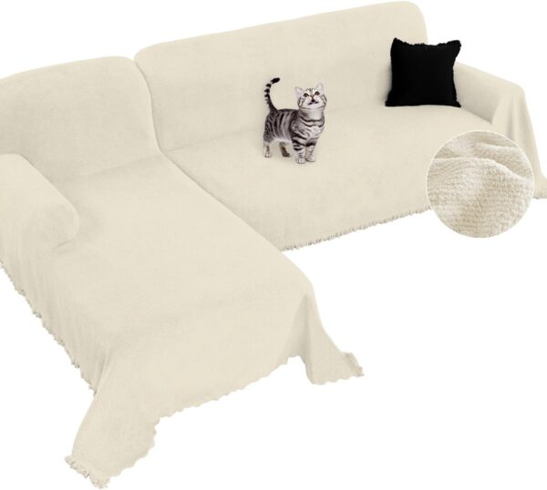 Arfntevss L Shape Couch Covers for Sectional Sofa Plush 2 Piece Chaise Sofa Cover Washable L Shaped Sectional Slipcovers with Tassel Super Soft Thick Fleece Dog Furniture Protector (XX-Large, Beige)