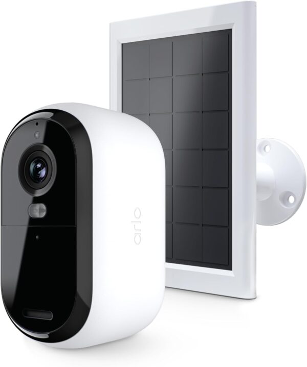 Arlo Essential Wireless Security Camera 2nd Gen with Solar Panel – Outdoor & Indoor Wireless Camera with Integrated Spotlight, Color Night Vision, Motion Sensor & DIY Setup – White, 1 Pack, VMK3050