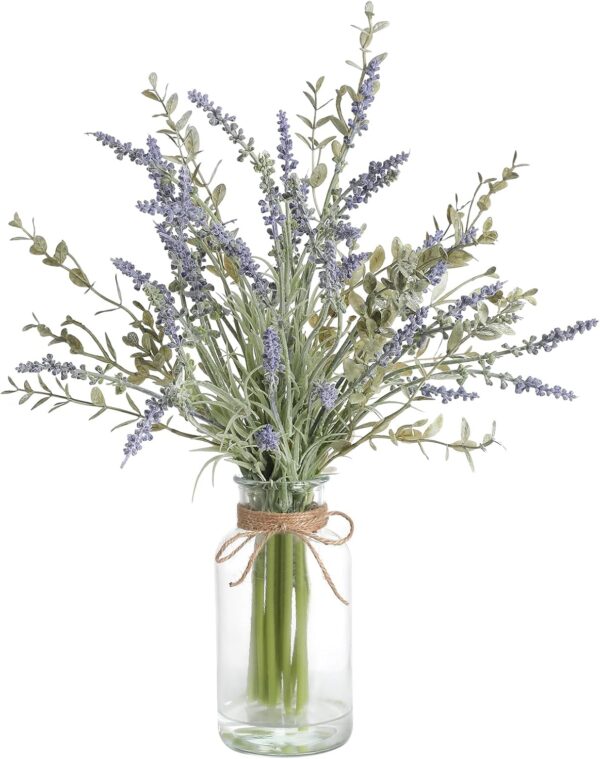 Artificial Lavender Stems in Glass Vase with Faux Water,15″ Artificial Plants Eucalyptus Leaves for Shelf Desk Bathroom Farmhouse Room Coffee Table Home Decor