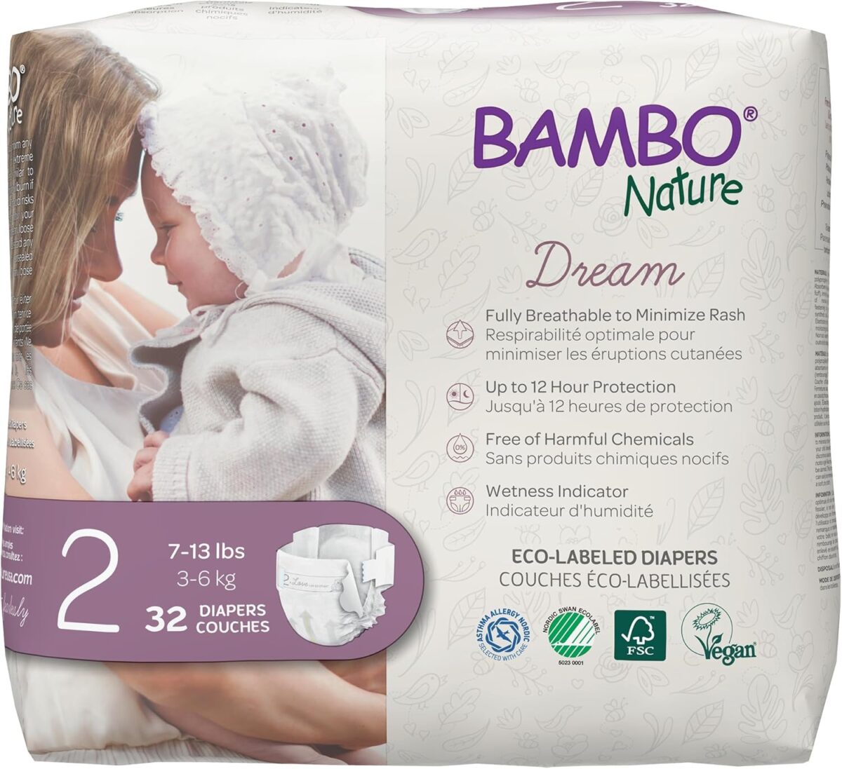 Bambo Nature Hypoallergenic Baby Diapers, Eco-Labelled Sustainable Diapers, Enhanced Leakage Protection, Totally Chlorine-free, Skin Friendly, and Super Absorbent – Size 2 (32 Count)