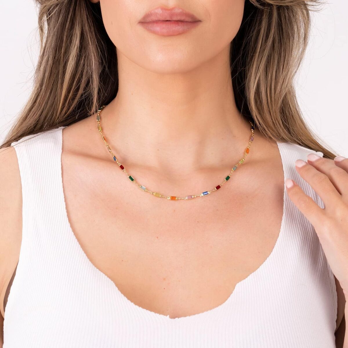 Barzel 18K Gold Plated Multi Stone Crystal Baguette Necklace for Women Made In Brazil Barzel 18K Gold Plated Multi Stone Crystal Baguette Necklace for Women - Made In Brazil