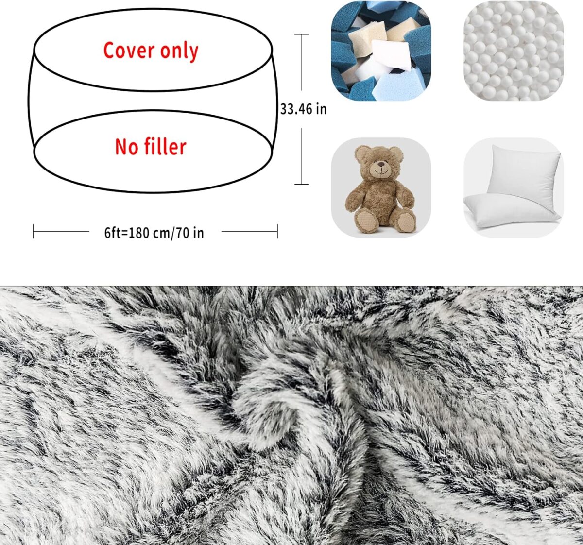 Bean Bag Chair Cover Without FillerBig Round Soft Fluffy PV Velvet Washable Bean Bag Lazy Sofa Bed Cover for AdultsLiving Room Bedroom Furniture Outside6ft Dark GreyNo Filler Bean Bag Chair Cover Without Filler,Big Round Soft Fluffy PV Velvet Washable Bean Bag Lazy Sofa Bed Cover for Adults,Living Room Bedroom Furniture Outside,6ft Dark Grey(No Filler)