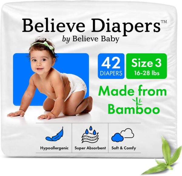 Believe Diapers Size 3 (16-28 Lbs) Viscose Bamboo Diapers 42 Count – Natural Baby Diaper, Chemical Free and Fragrance Free Natural Diaper for Sensitive Skin, Super Absorbent with Leak Protection