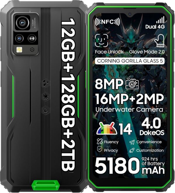 Blackview BV4800 Pro Android 14 Rugged Phone Unlocked, Octa-core 12GB+128GB/SD 2TB, IP69K Waterproof Rugged Smartphone, 6.56”HD+Display, 5180mAh Battery, NFC, 4G Dual SIM, 3 Card Slots,Glove Mode,GPS