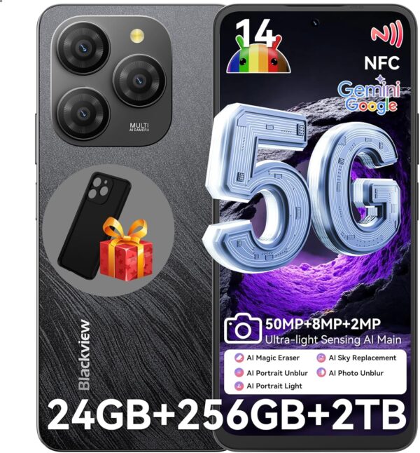 Blackview Shark 9 5G Phones Unlocked, Octa-Core 24GB+256GB/SD 2TB Smart Phone, Android 14 Smartphone, 50MP Camera Android Cell Phones, 6.67″ FHD+, 530181 Score, 5000mAh+Fast Charge, Smart AI, NFC