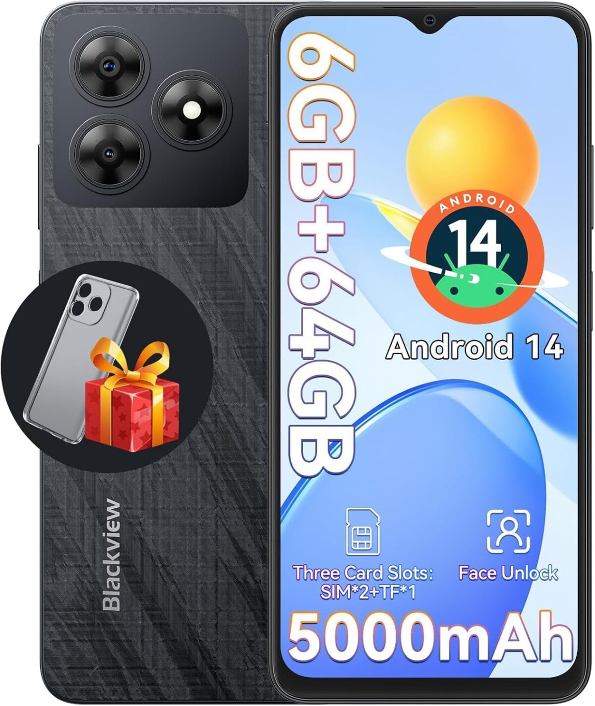 Blackview Wave 8C Unlocked Android Phones, Android 14 Unlocked Phones, Octa-Core 6GB+64GB/SD 2TB, 5000mAh Smart Phone, 6.56″ HD, 2 Years Warranty, 3 Card Slots, 4G Dual T-Mobile, 3.5mm Headphone Jack