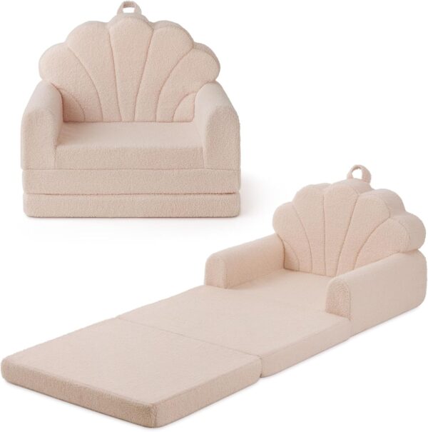 Blissful Diary Kids Couch, 2-in-1 Soft Toddler Couch Fold Out, Toddler Chair Comfy, Convertible Sofa to Lounger, Kids Furniture for Playroom, Gift for Birthday, Children’s Day, Beige Shell
