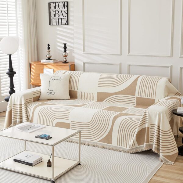 Boho Chenille Couch Cover with Tassels, Bohemian Sofa Cover for 3 Cushion Couch, L-Shaped Sectional, Loveseat, Futon, 2 3 4 Seater (71″ x 118″, Khaki)