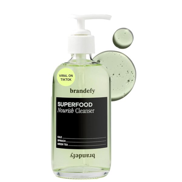 Brandefy Superfood Face Wash, Gentle & pH Balanced Cleanser w/Kale, Green Tea, Spinach, Vitamin C, E, K2- Softens & Nourishes Skin, Organic Facial Cleanser for All Skin Types (8 Fl Oz)