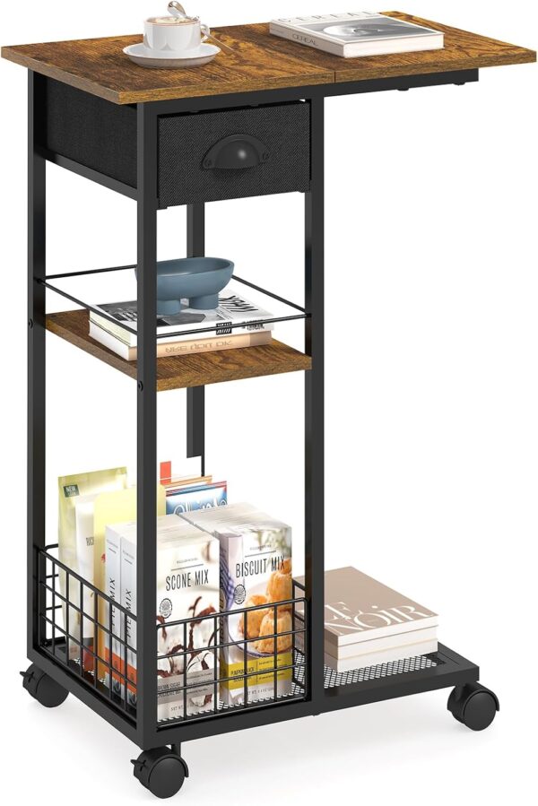 C Shaped End Table, Vintage Side Table with Drawer, Sofa Table with Wheels & Storage Basket for Living Room, Bedroom, Bedside, Rustic Brown and Black