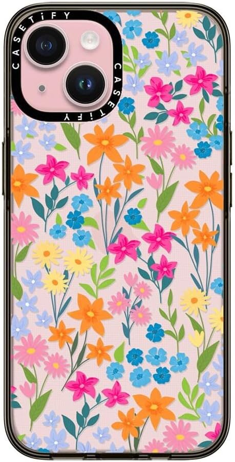 CASETiFY Compact iPhone 15 Case [4 ft. 2X Military Grade Drop Protection/Slim/Lightweight] – Bright Spring Flowers – Clear Black