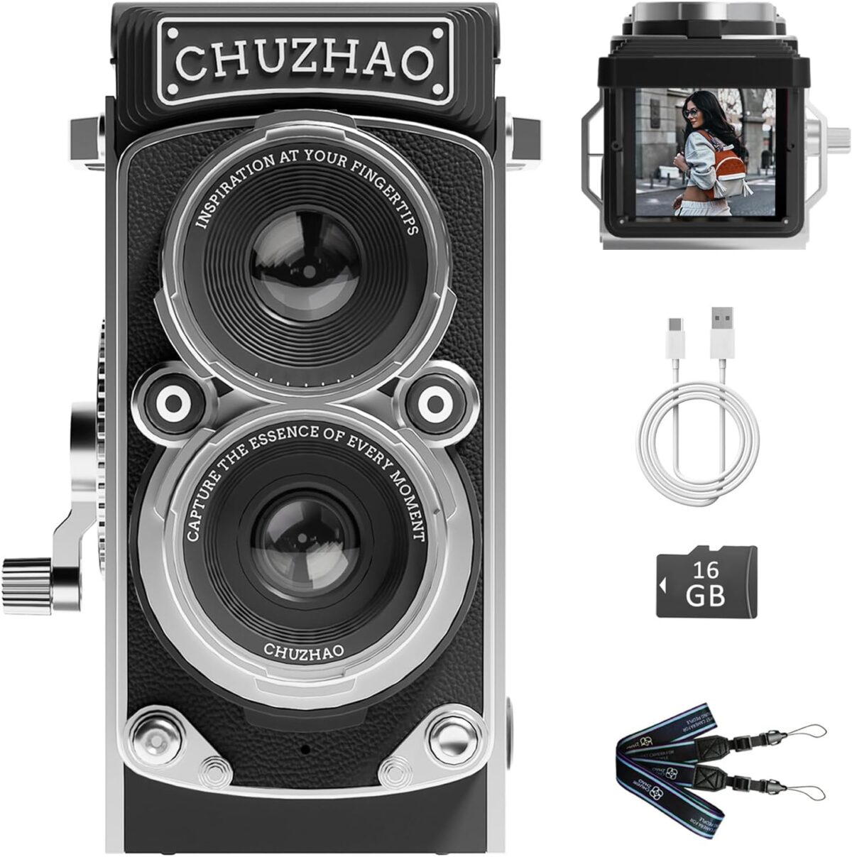 CHUZHAO Vintage Mini Digital Camera, Retro-Style Point and Shoot, 1080P Video & Photo Autofocus, Portable Compact Pocket Camera with 16GB Card for Beginners Teens Adults Black