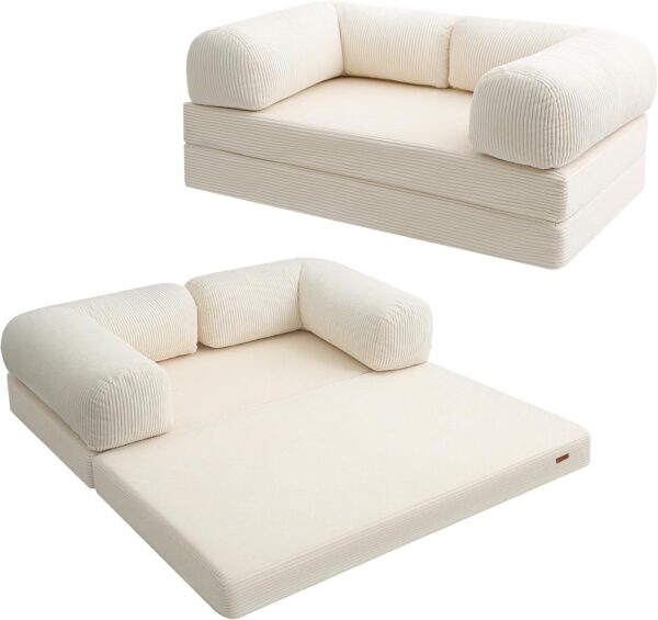 COMAX Folding Sofa Bed Queen, 4-in-1 Foldable Floor Couch Convertible Futon Sofa with Armrests Sleeper Mattress Chair Bed Comfy Portable Fold Out Lounge Guest for Living Room Bedroom, Beige