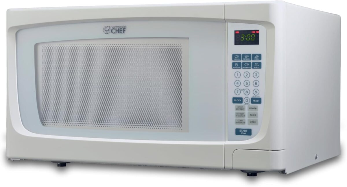 Commercial Chef 1.6 Cubic Foot Microwave with 10 Power Levels, Small Microwave with Push Button Child Safety Lock, 1100 Watt Microwave with Digital Control Panels, Countertop Microwave & Timer, White