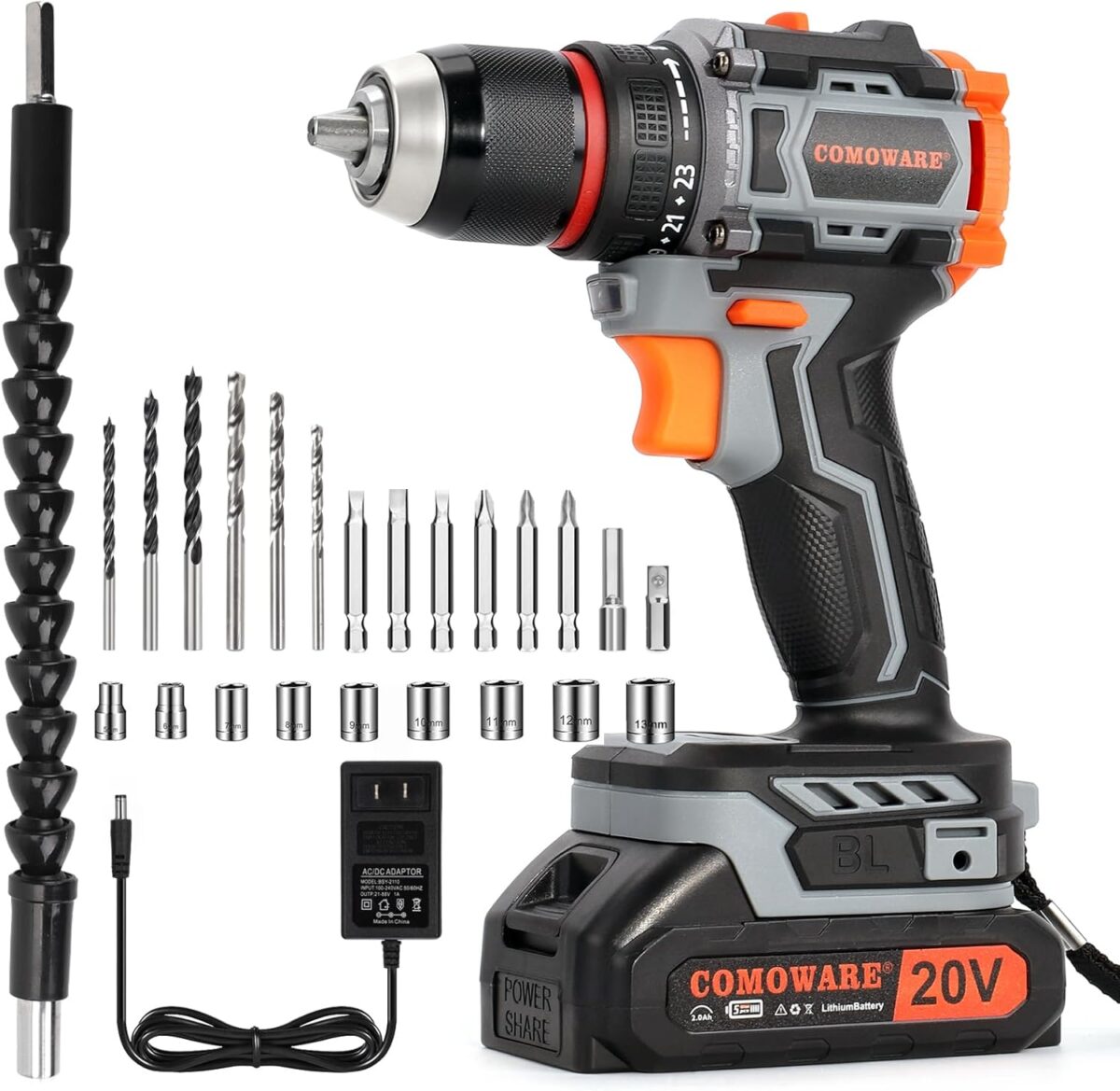COMOWARE 20V Cordless Drill, Brushless Power Drill Set with 1.5Ah Li-ion Battery & Fast Charger, 23+1 Clutch 1/2″ Keyless Chuck Max 38 N.m, Dual Speed Electric Drill Driver Accessories