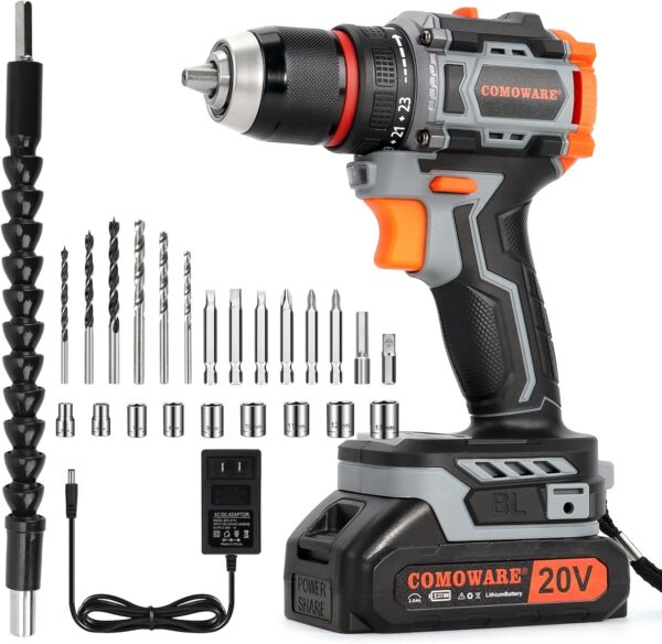 COMOWARE 20V Cordless Drill, Brushless Power Drill Set with 1.5Ah Li-ion Battery & Fast Charger, 23+1 Clutch 1/2″ Keyless Chuck Max 38 N.m, Dual Speed Electric Drill Driver Accessories