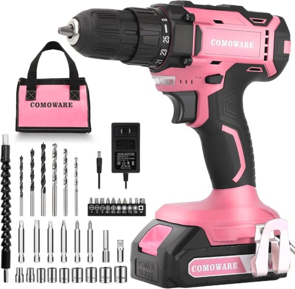 COMOWARE Cordless Drill Set, 20V Power Drill, Pink Drill Set for Women, 1 Battery & Charger, 3/8″ Keyless Chuck, 2 Variable Speed, 266 In-lb Torque, 25+1 Position, with Pink Storage Bag