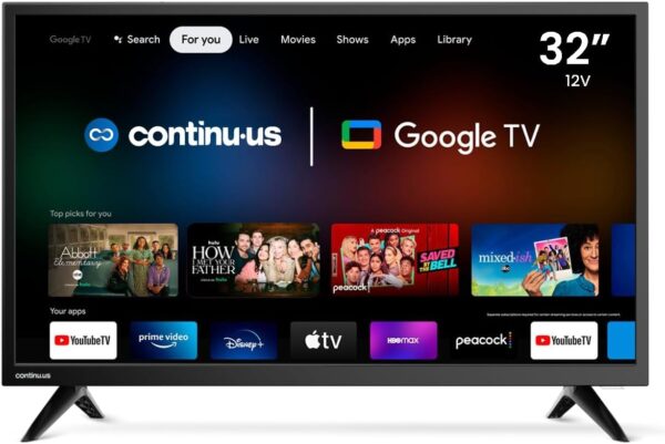 CONTINU.US 32-inch Smart TV, 12V and AC/DC Adapters Included, 720p Android Google RV TV with Google Assistant, Chromecast & Free Streaming Apps, Reinforced Chassis for RVs, Campers and more, CT-32TS10