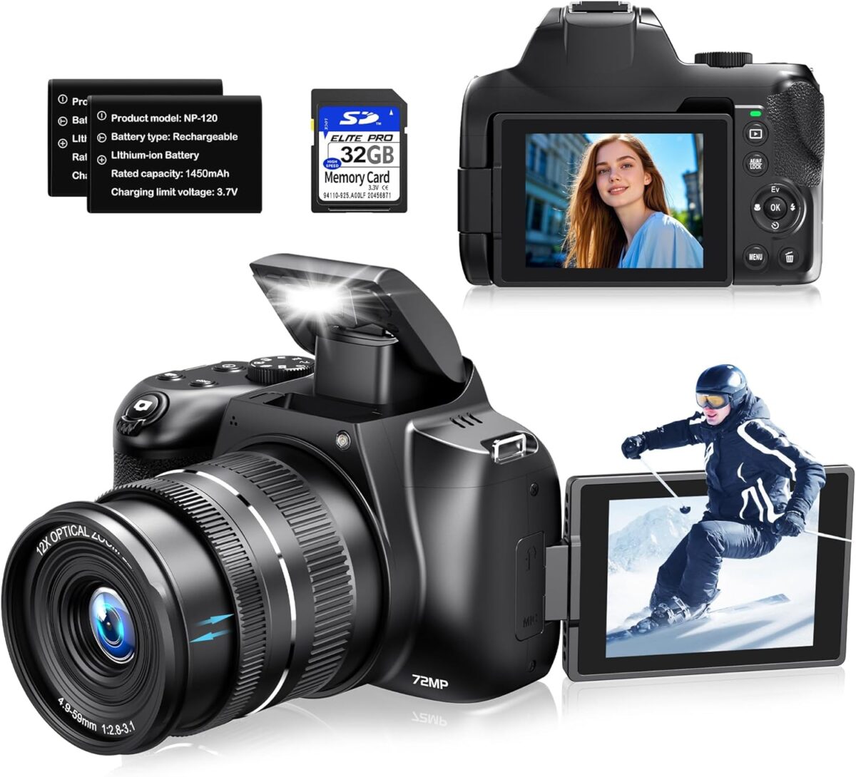 Cameras for Photography, 12X Optical Zoom 4K Digital Camera with WiFi & App Control, 72MP Vlogging Camera with 180° Flip Screen, Auto Focus, Dual Batteries, 59mm Wide Angle & Macro Lens, 32GB SD Card