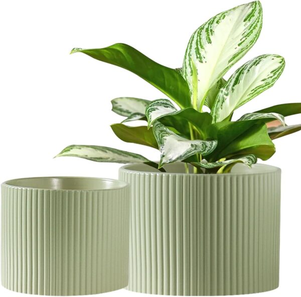 Ceramic Plant Pots, 8.1 + 6 Inch Planters for Indoor Plants, Modern Flower Pots for Plants with Drainage, Medium Cylinder Flower Pots for Indoor Plants, House Plants, Matte Green