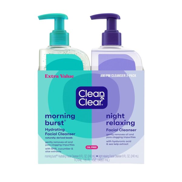 Clean & Clear 2-Pack Day & Night Daily Face Cleansers, Morning Burst Hydrating Facial Cleanser & Night Relaxing Deep Cleansing Face Wash, Oil-Free & Won’t Clog Pores, 2 x 8 fl. oz