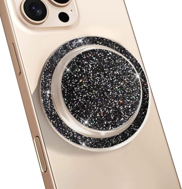 Compatible with Magsafe Magnetic Black Glitter and Transparent Design Collapsible Mobile Phone Grip Stand Holder for Smartphone Cell Phone Accessory