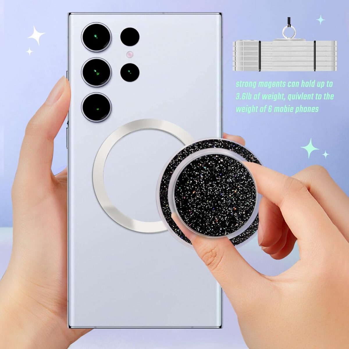Compatible with Magsafe Magnetic Black Glitter and Transparent Design Collapsible Mobile Phone Grip Stand Holder for Smartphone Cell Phone Accessory Compatible with Magsafe Magnetic Black Glitter and Transparent Design Collapsible Mobile Phone Grip Stand Holder for Smartphone Cell Phone Accessory